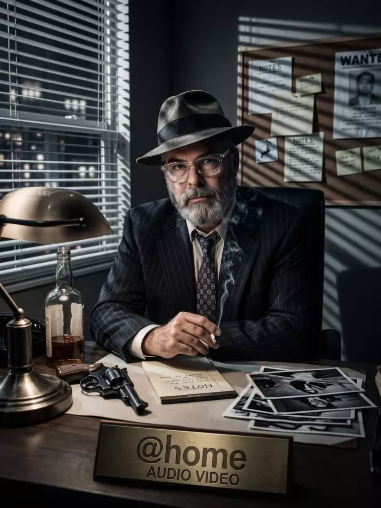 Older man in a suit and fedora sits at a desk with a nameplate, photos, a gun, whiskey, and a corkboard with notes and a wanted poster in a dim office.
