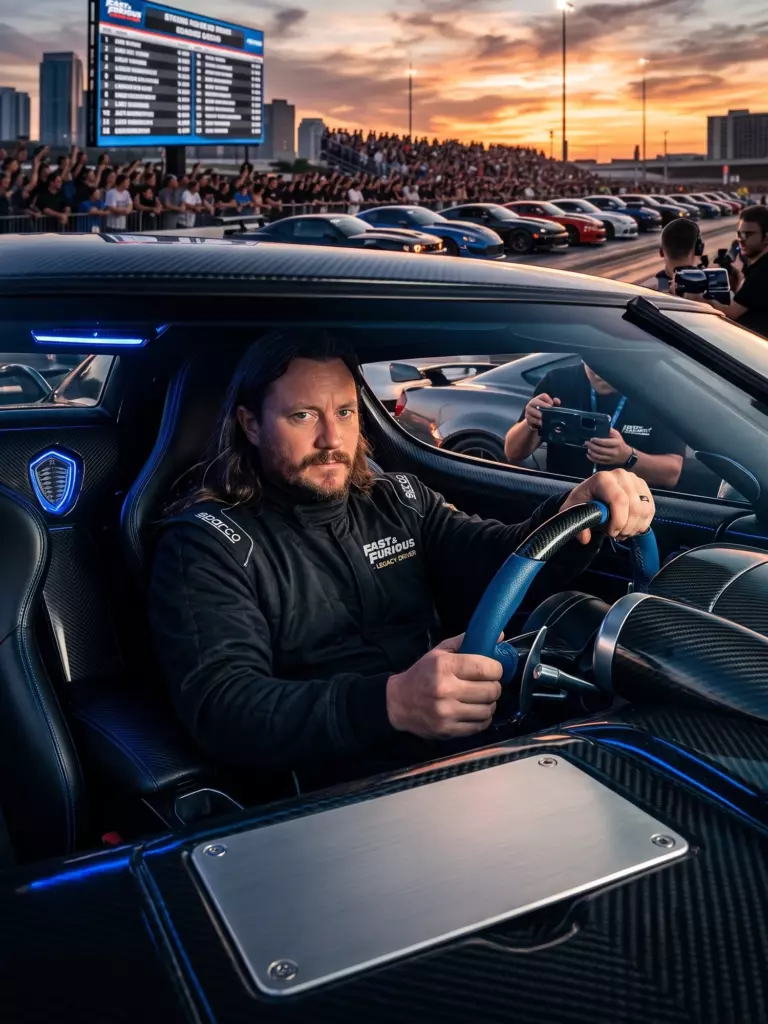 A man in a racing suit sits in a sports car at an outdoor event, with a crowd, lineup of cars, and a city skyline visible at sunset.