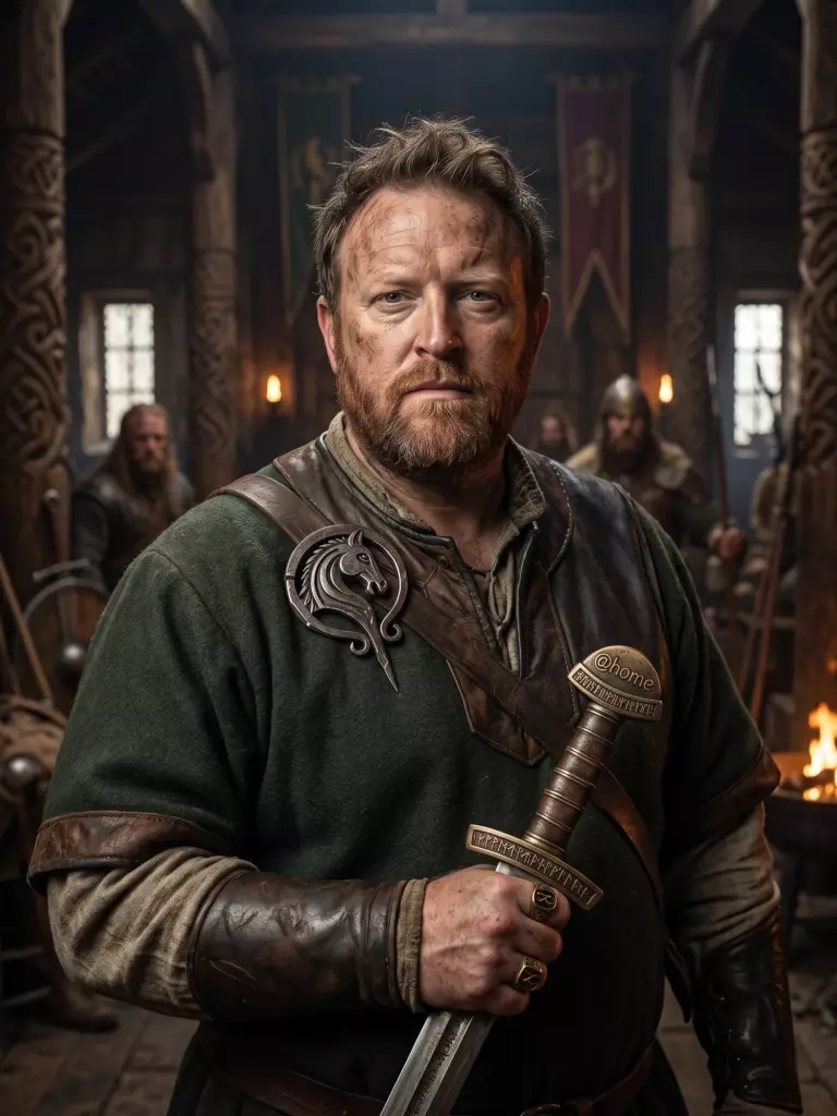 A bearded man in medieval armor holds a sword inside a wooden hall, with banners and other armed figures in the background.