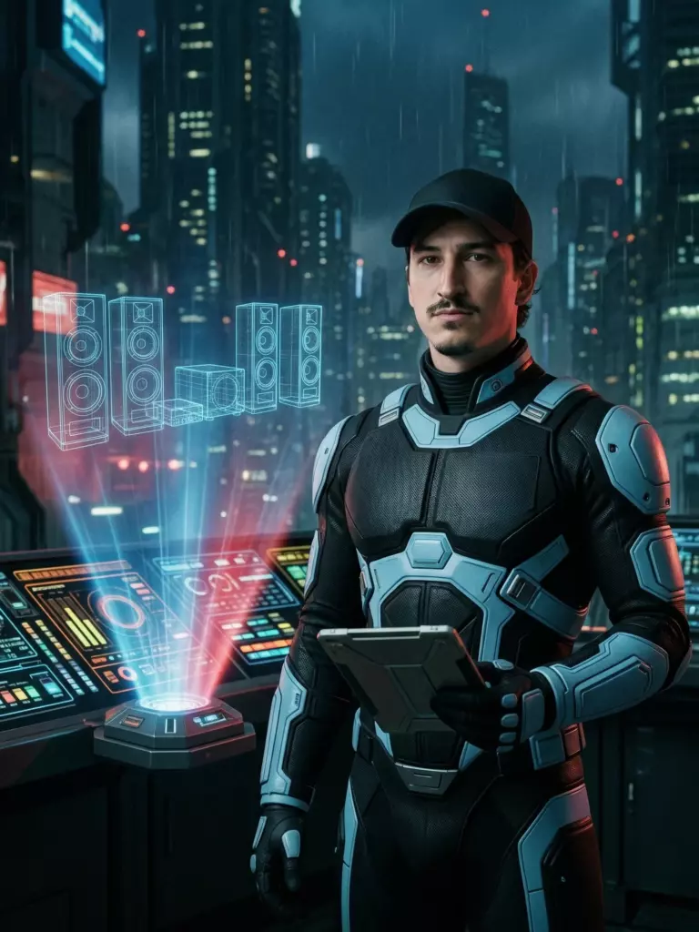 A man in futuristic armor stands at a control panel in a rainy city, holding a tablet as holographic speakers and digital displays float in front of him.