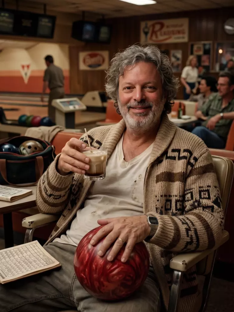 A man with gray hair and a beard sits in a bowling alley, holding a drink and a red bowling ball, with a notebook on his lap. Other people are in the background.