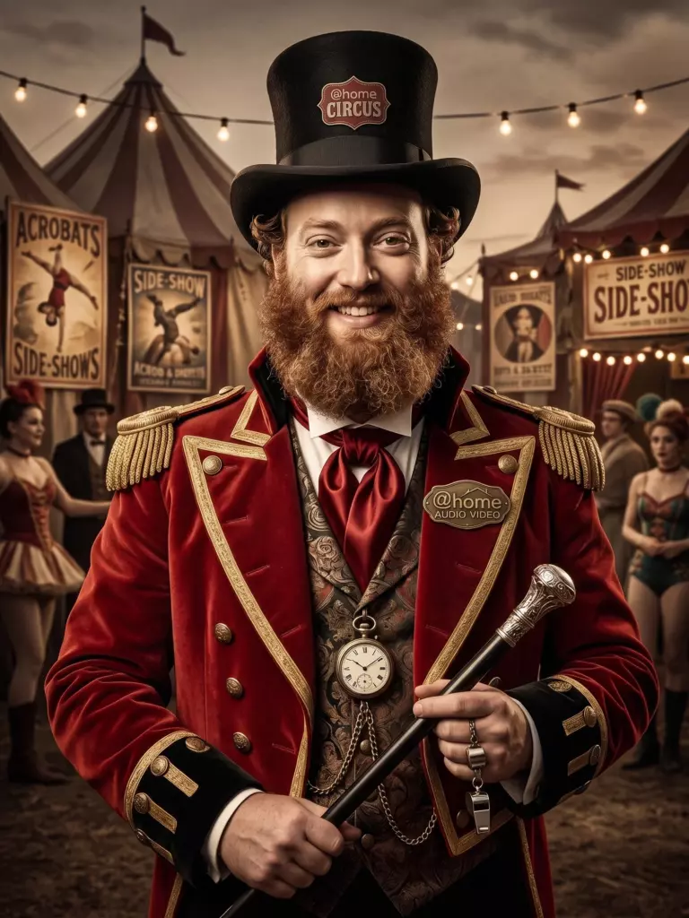 A circus ringmaster in a red coat and top hat stands smiling, holding a staff, with circus tents and performers in the background.