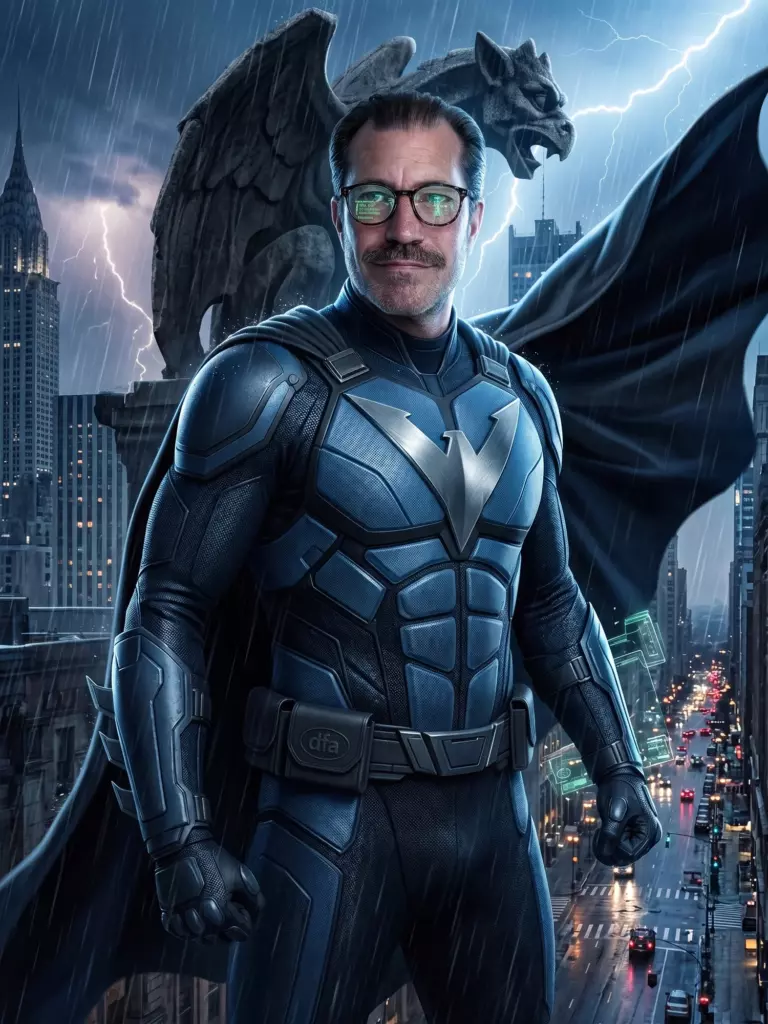 A man in a blue armored superhero suit with a V emblem stands in a rainy city at night, backed by a gargoyle and lightning.