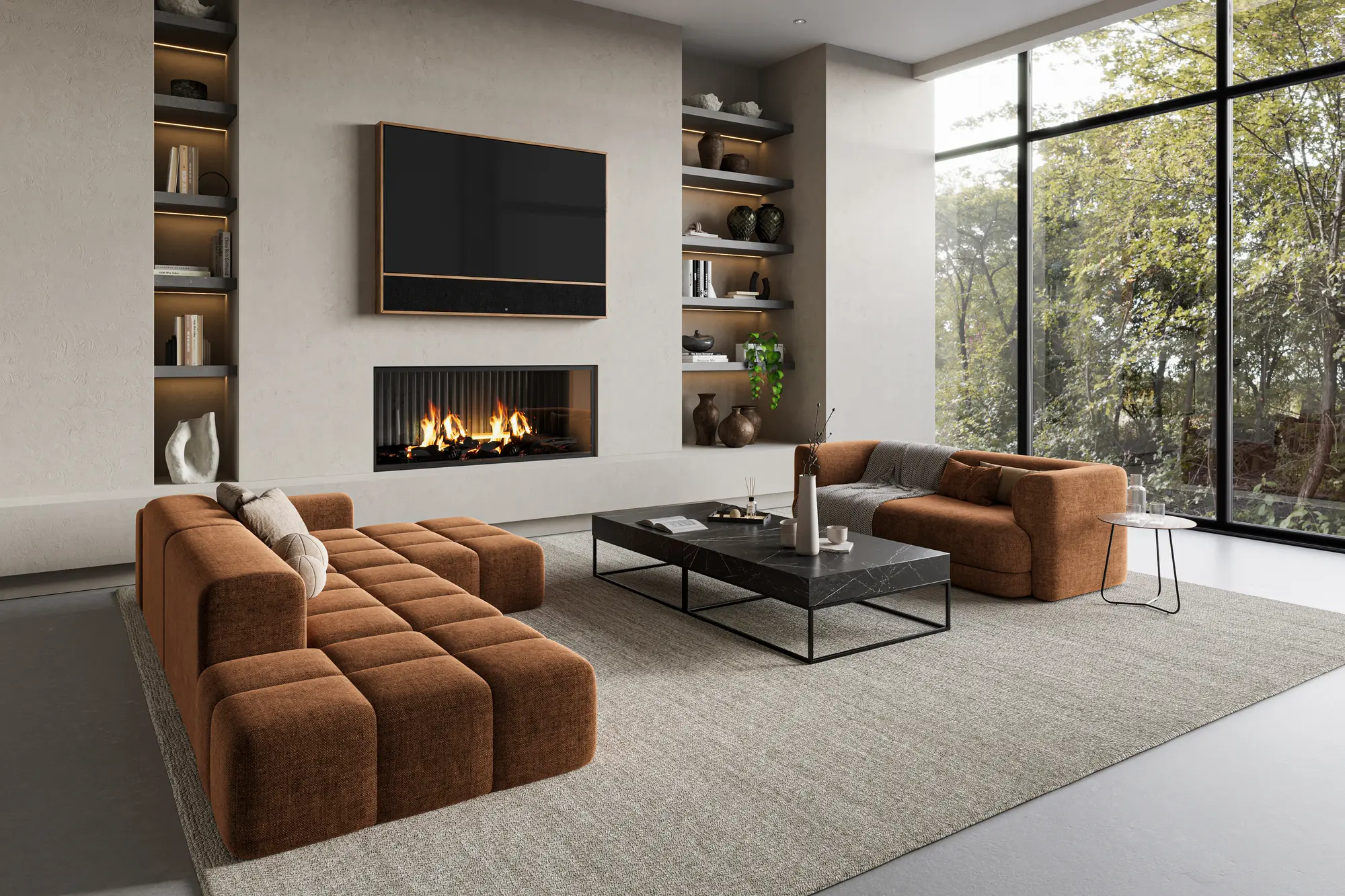 Modern living room with two brown sofas, a black coffee table, built-in shelves, a fireplace, and large windows with a view of trees.