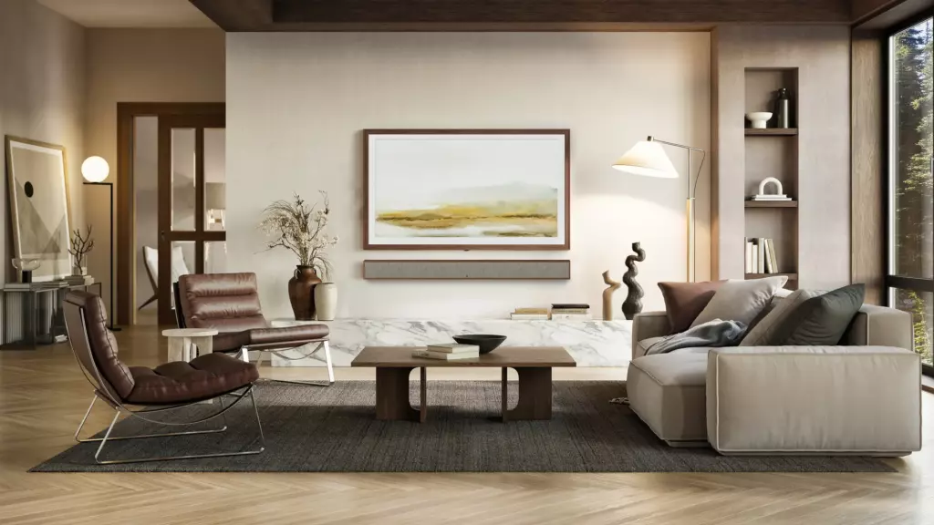 Modern living room with a frame TV showing art, an attractive sound bar speaker, a large sofa, and floor-to-ceiling windows.