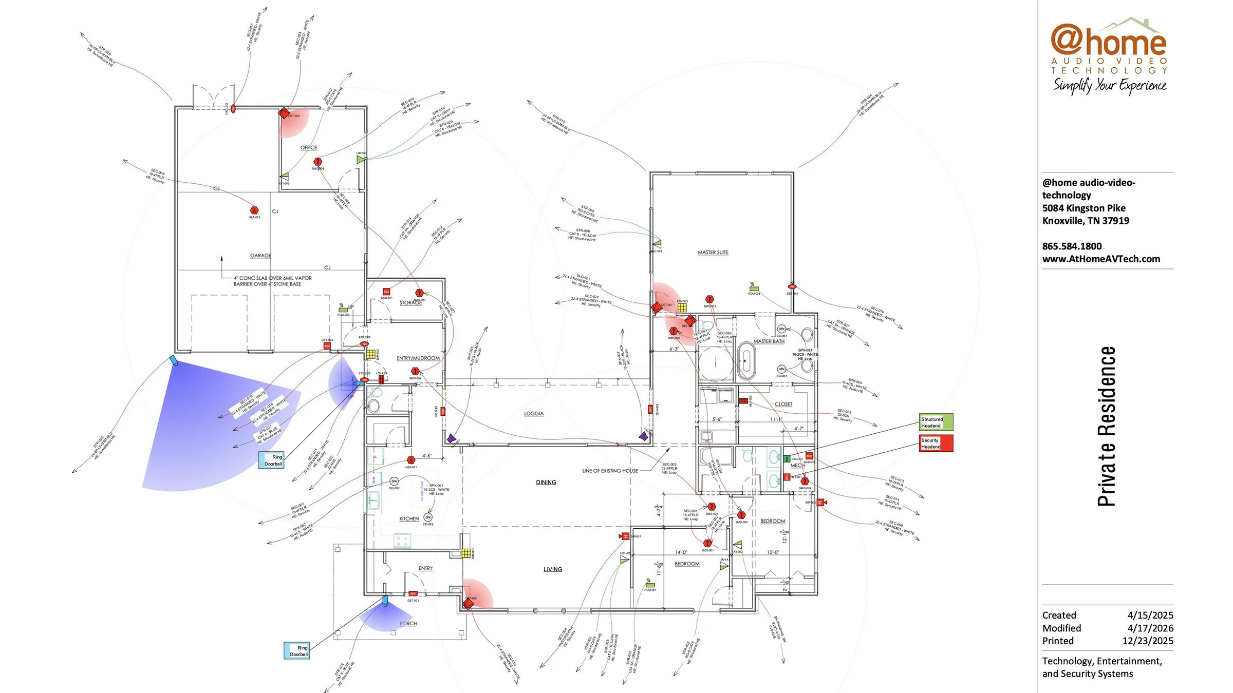 Home floor plan diagram showing locations of audio-video, networking, and security equipment, with labeled icons and coverage zones, for a private residence.
