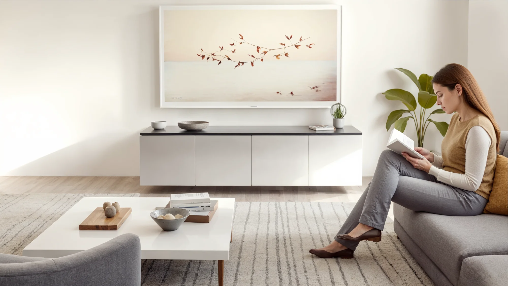 A woman sits on a sofa reading a book in a modern living room with minimalist decor, a low table, a plant, and a large framed wall art of birds.