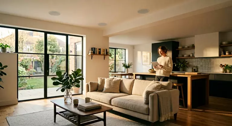 A woman stands in a modern living room with a tablet. Large windows, a beige sofa, coffee table, and open kitchen are visible. Sunlight streams in, creating a warm atmosphere.