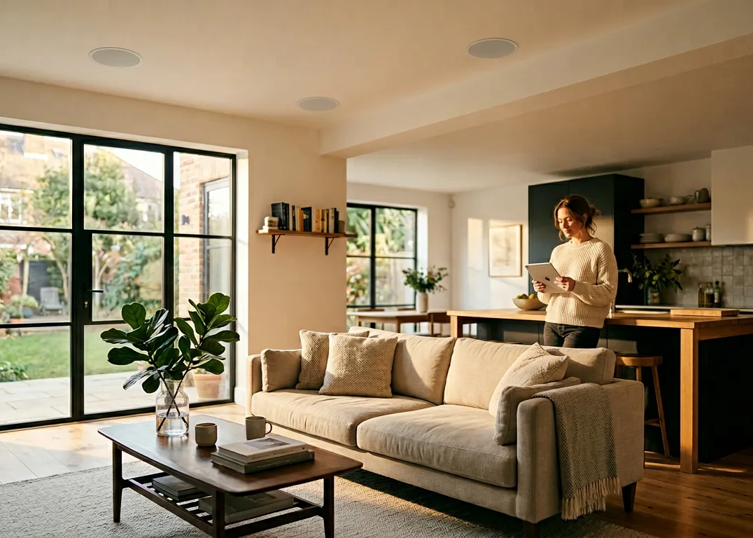 A woman stands in a modern living room with neutral decor, holding a tablet. Sunlight streams through large windows. A kitchen and dining area are visible in the background.