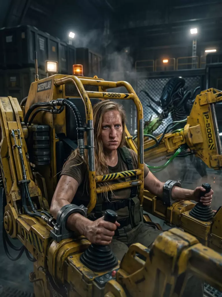 A person with long blond hair operates a large yellow exosuit labeled Caterpillar P-5000 in an industrial setting with crates and machinery in the background.